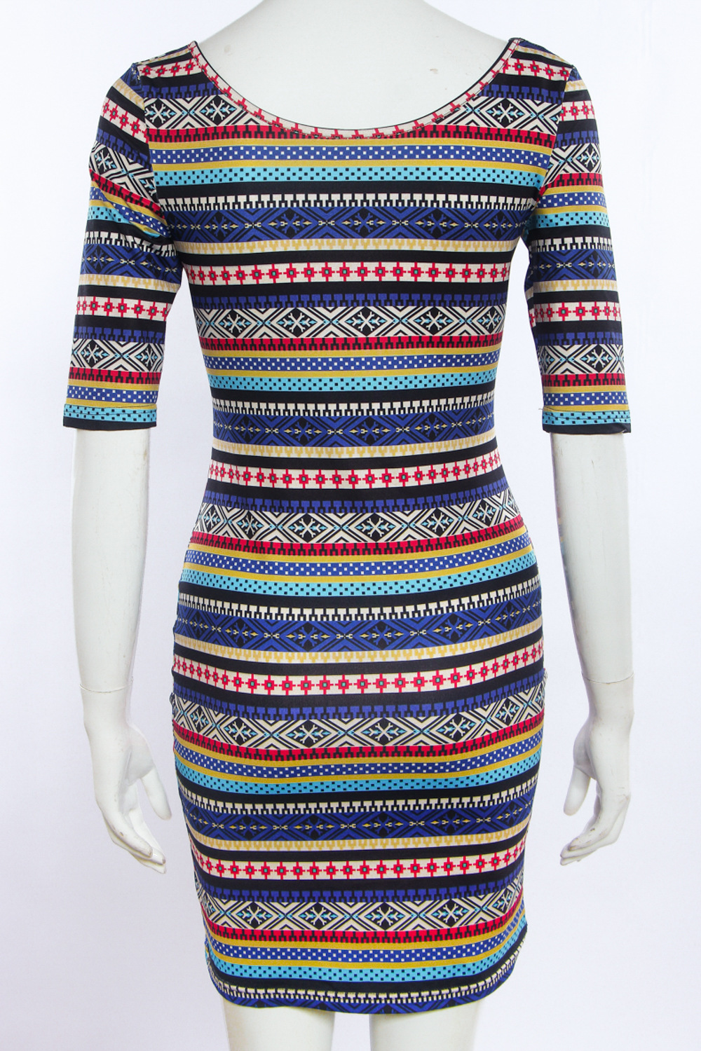 W25033 Multicolor Vintage Print Round Neck Half Sleeve Bodycon Dress